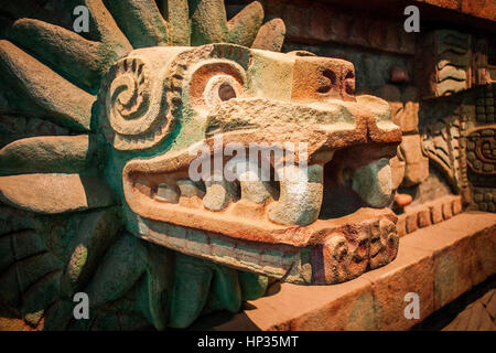 Replica, `Piramide de la serpiente emplumada´, Pyramid of the Feathered Serpent, or snake,from Teotihuacan, National Museum Anthropology. Mexico City. Stock Photo